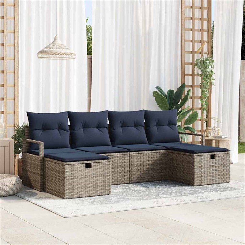 Pemberly Row 6 Pcs Poly Rattan Sofa Set With Cushions Manual in Gray And Navy