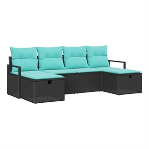 Pemberly Row 6 Pcs Poly Rattan Sofa Set With Cushions in Black And Turquoise