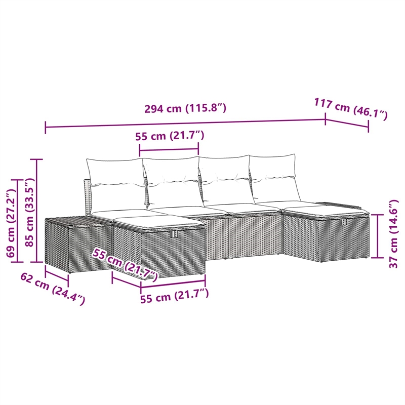 Pemberly Row 6 Pcs Black Poly Rattan Garden Sofa Set With Pillows