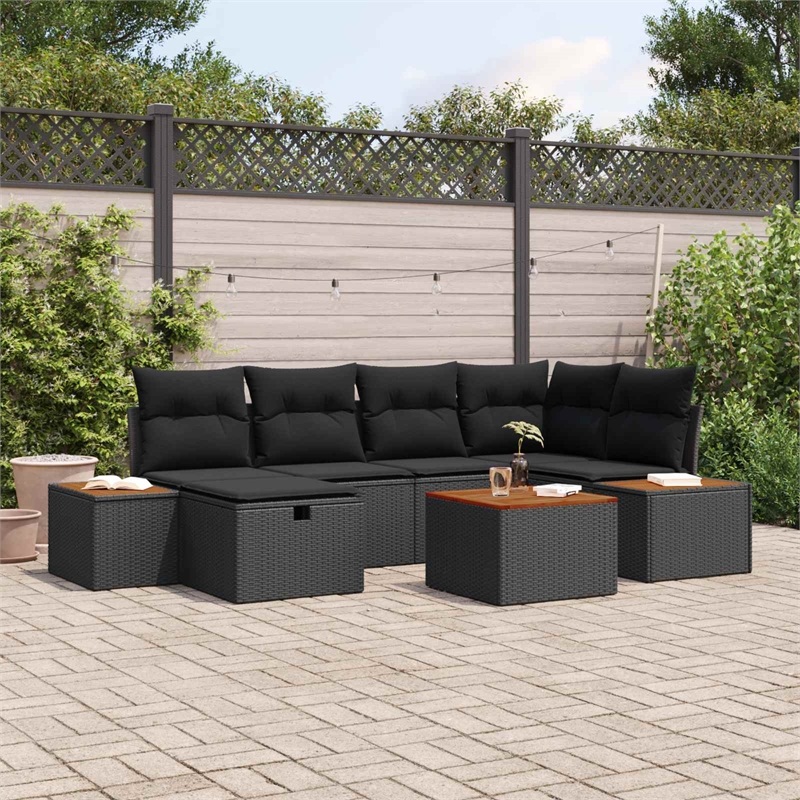 Pemberly Row Contemporary 7 Pcs Black Poly Rattan Garden Sofa Set