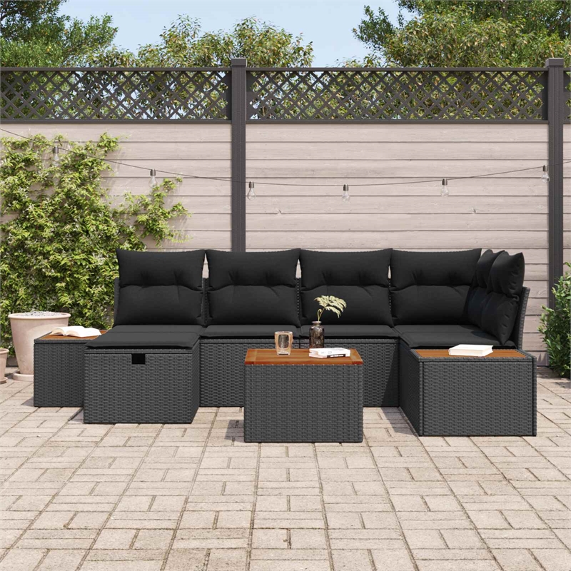 Pemberly Row Contemporary 7 Pcs Black Poly Rattan Garden Sofa Set