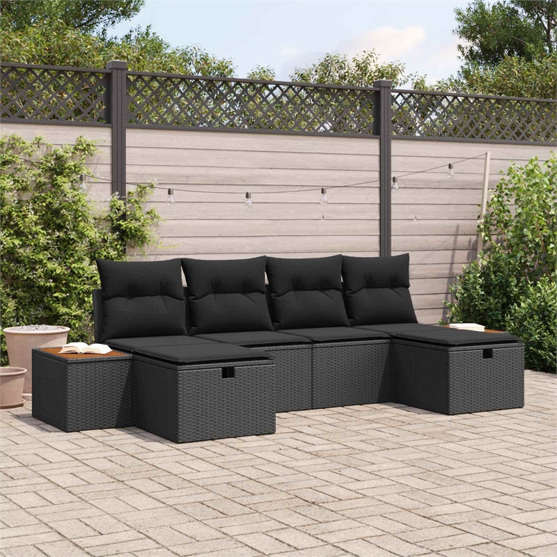 Pemberly Row Contemporary 6 Pcs Black Poly Rattan Garden Sofa Set