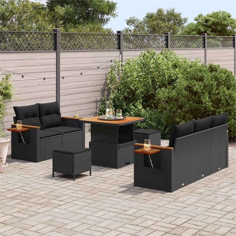 Pemberly Row 8 Pcs Poly Rattan And Powder-Coated Steel Garden Sofa Set in Black
