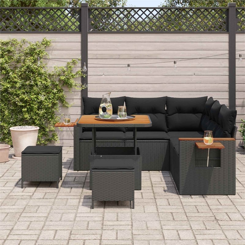 Pemberly Row 8 Pcs Poly Rattan And Powder-Coated Steel Garden Sofa Set in Black