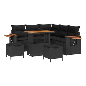 Pemberly Row 8 Pcs Poly Rattan And Powder-Coated Steel Garden Sofa Set in Black