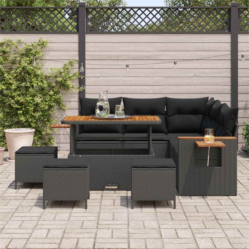Pemberly Row 9 Pcs Poly Rattan And Powder-Coated Steel Garden Sofa Set in Black