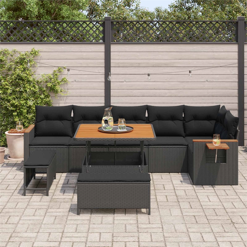 Pemberly Row 9 Pcs Poly Rattan And Powder-Coated Steel Garden Sofa Set in Black