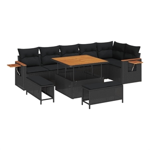 Pemberly Row 9 Pcs Poly Rattan And Powder-Coated Steel Garden Sofa Set in Black