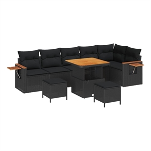 Pemberly Row 9 Pcs Poly Rattan And Powder-Coated Steel Garden Sofa Set in Black