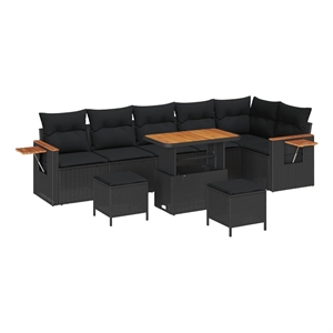 Pemberly Row 9 Pcs Poly Rattan And Powder-Coated Steel Garden Sofa Set in Black