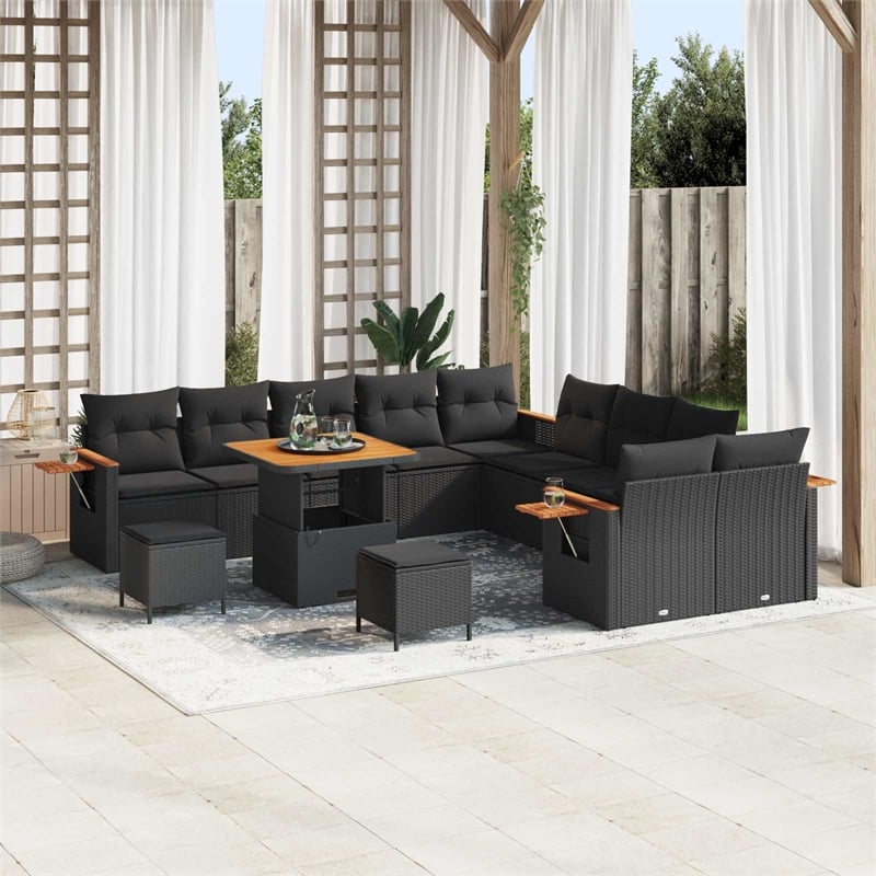 Pemberly Row Contemporary 13 Pcs Black Garden Sofa Set With Cushions