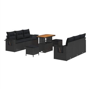 Pemberly Row 9 Pcs Poly Rattan And Powder-Coated Steel Garden Sofa Set in Black