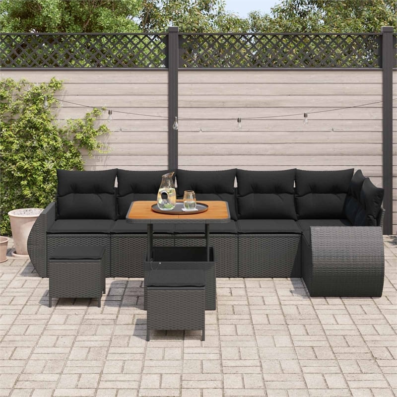 Pemberly Row 9 Pcs Poly Rattan Garden Sofa Set With Cushions in Black