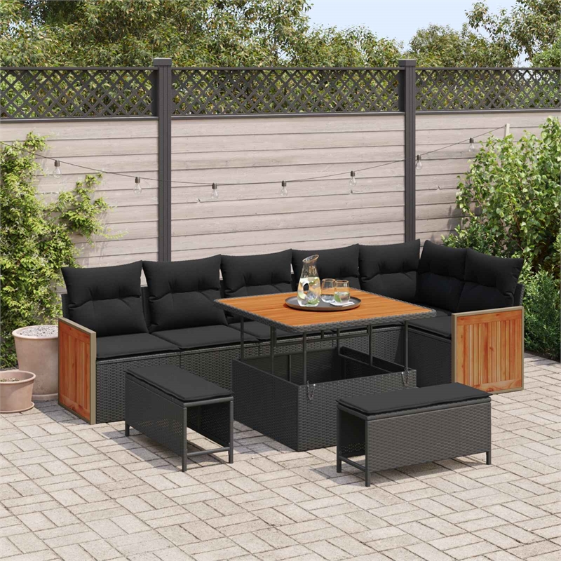 Pemberly Row 11 Pcs Poly Rattan Garden Sofa Set With Cushions in Black
