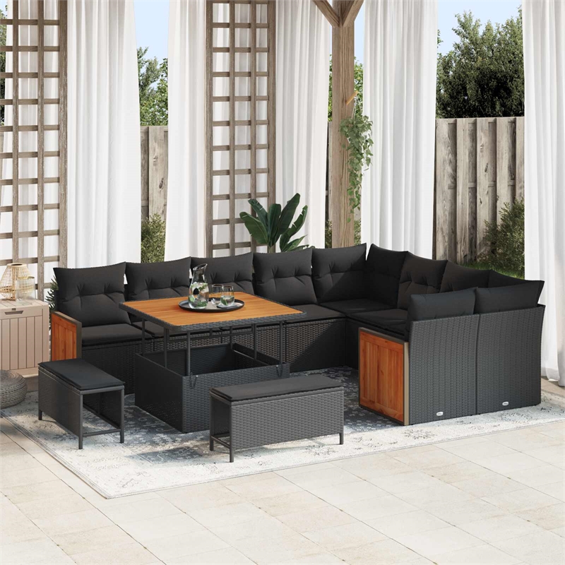 Pemberly Row 13 Pcs Poly Rattan Garden Sofa Set With Cushions in Black