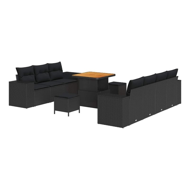 Pemberly Row 10 Pcs Poly Rattan Garden Sofa Set With Pillows in Black