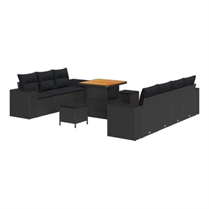 Pemberly Row 10 Pcs Poly Rattan Garden Sofa Set With Pillows in Black