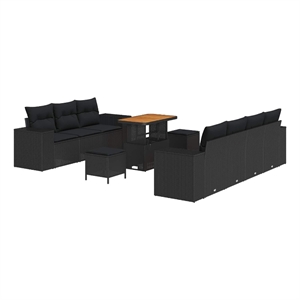 Pemberly Row 10 Pcs Poly Rattan Garden Sofa Set With Pillows in Black