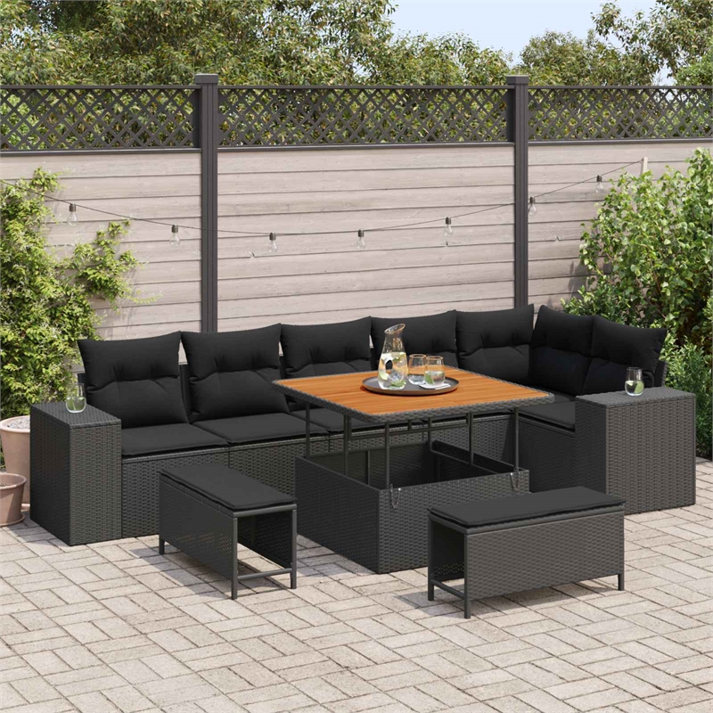 Pemberly Row 9 Pcs Poly Rattan Garden Sofa Set With Cushions in Black