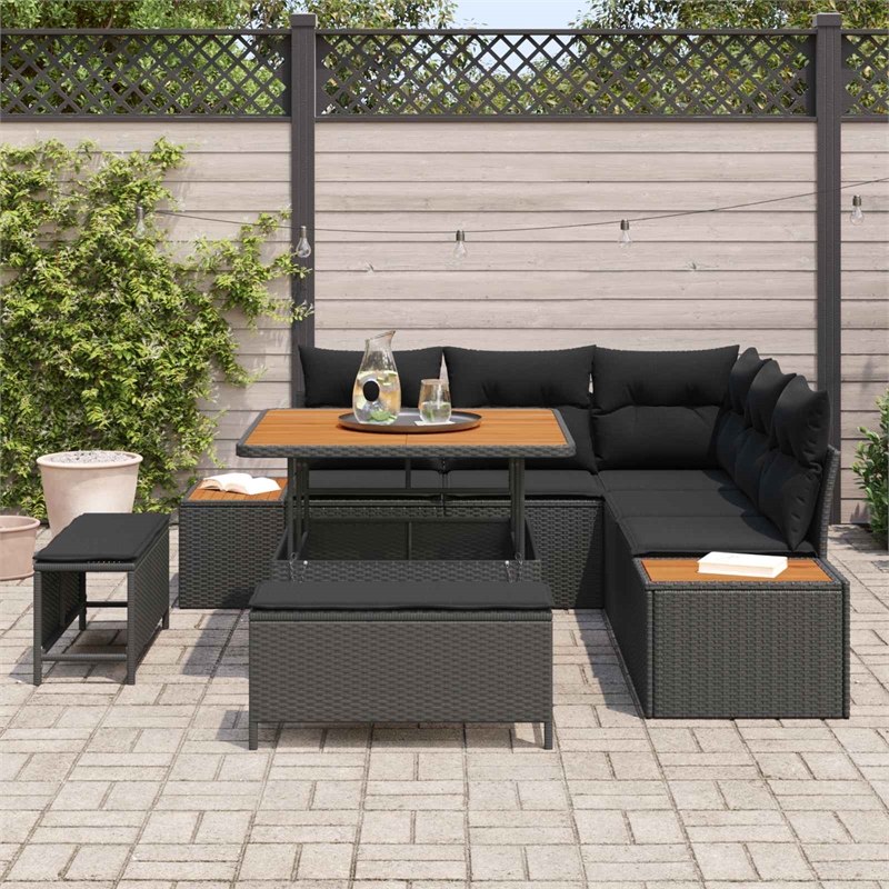 Pemberly Row 8 Pcs Poly Rattan Garden Sofa Set With Cushions in Black