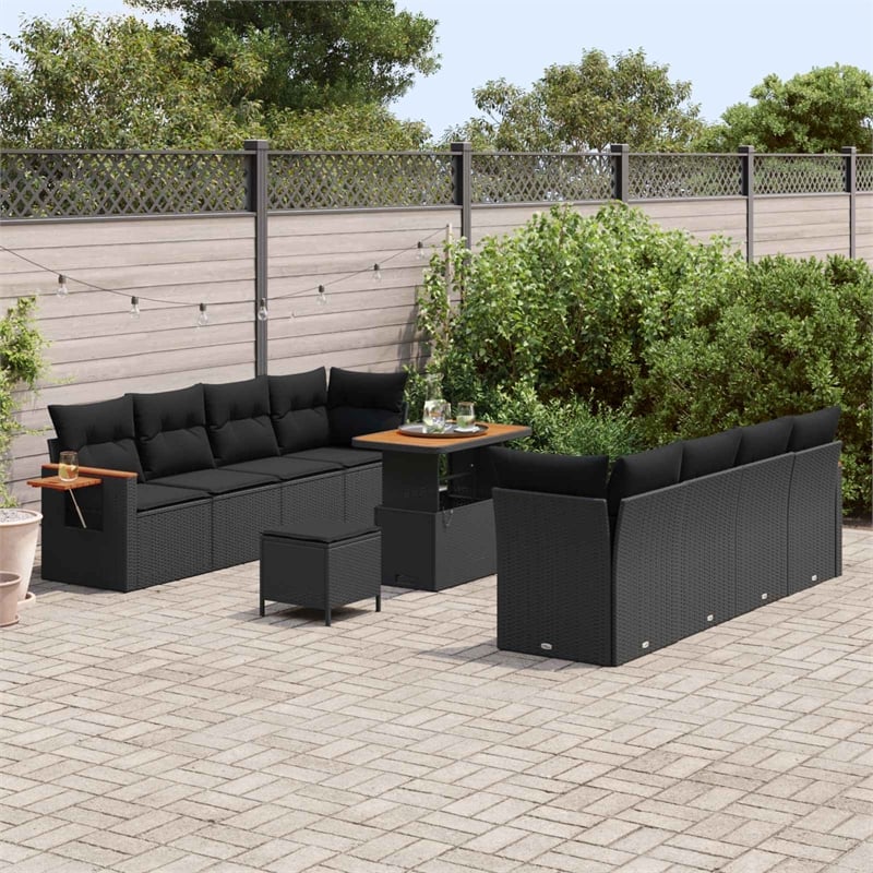 Pemberly Row 12 Pcs Poly Rattan Garden Sofa Set With Cushions in Black