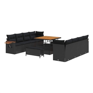 Pemberly Row 12 Pcs Poly Rattan Garden Sofa Set With Cushions in Black