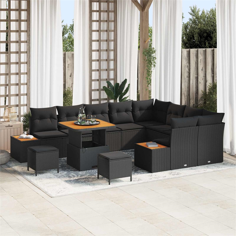 Pemberly Row 12 Pcs Poly Rattan Garden Sofa Set With Cushions in Black