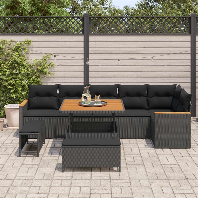 Pemberly Row 9 Pcs Poly Rattan Garden Sofa Set With Cushions in Black