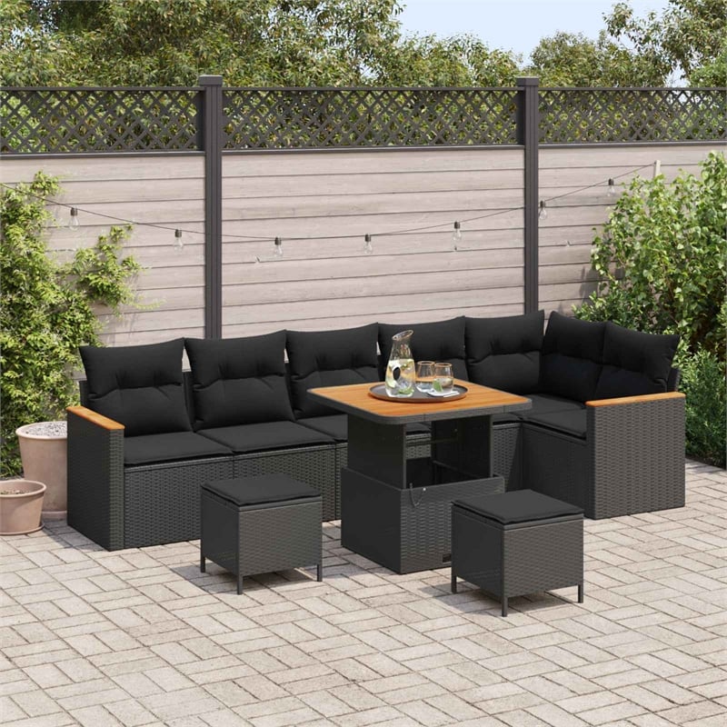 Pemberly Row 9 Pcs Poly Rattan Garden Sofa Set With Cushions in Black