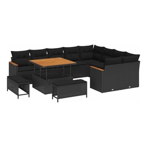 Pemberly Row 12 Pcs Poly Rattan Garden Sofa Set With Pillows in Black