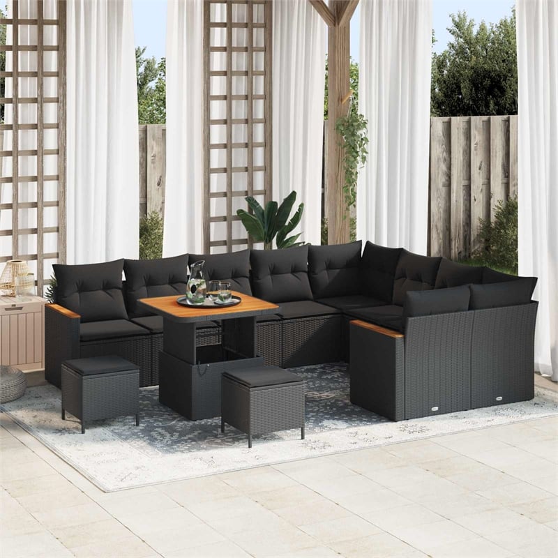 Pemberly Row 12 Pcs Poly Rattan Garden Sofa Set With Pillows in Black