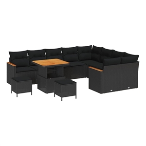 Pemberly Row 12 Pcs Poly Rattan Garden Sofa Set With Pillows in Black