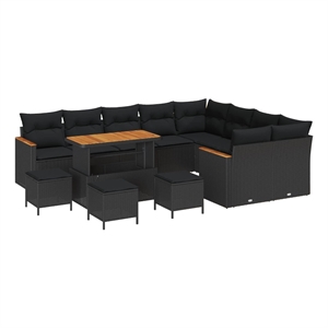 Pemberly Row 13 Pcs Poly Rattan Garden Sofa Set With Pillows in Black