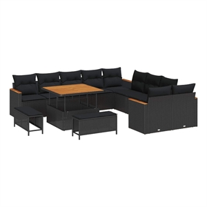 Pemberly Row 13 Pcs Poly Rattan Garden Sofa Set With Cushions in Black