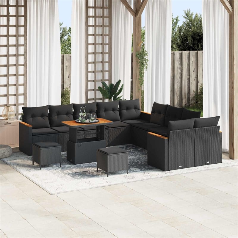 Pemberly Row 13 Pcs Poly Rattan Garden Sofa Set With Cushions in Black