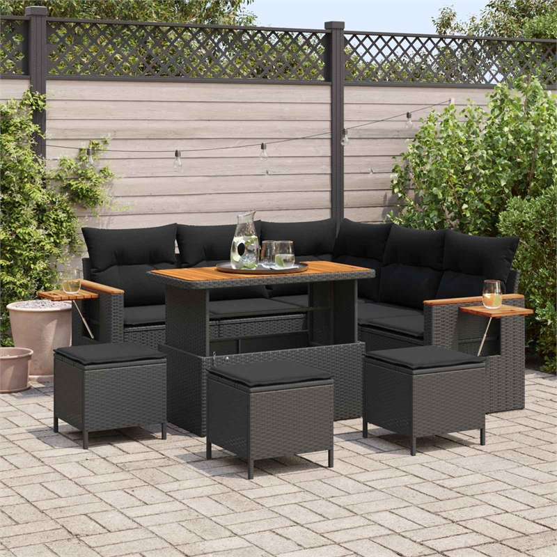 Pemberly Row 10 Pcs Poly Rattan Garden Sofa Set With Cushions in Black
