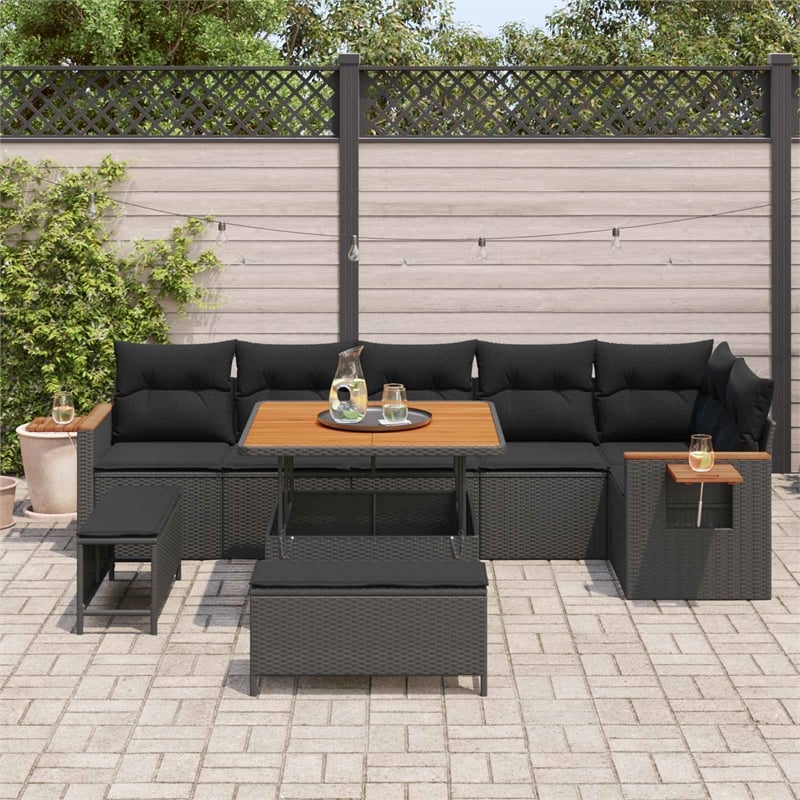 Pemberly Row 11 Pcs Poly Rattan Garden Sofa Set With Cushions in Black