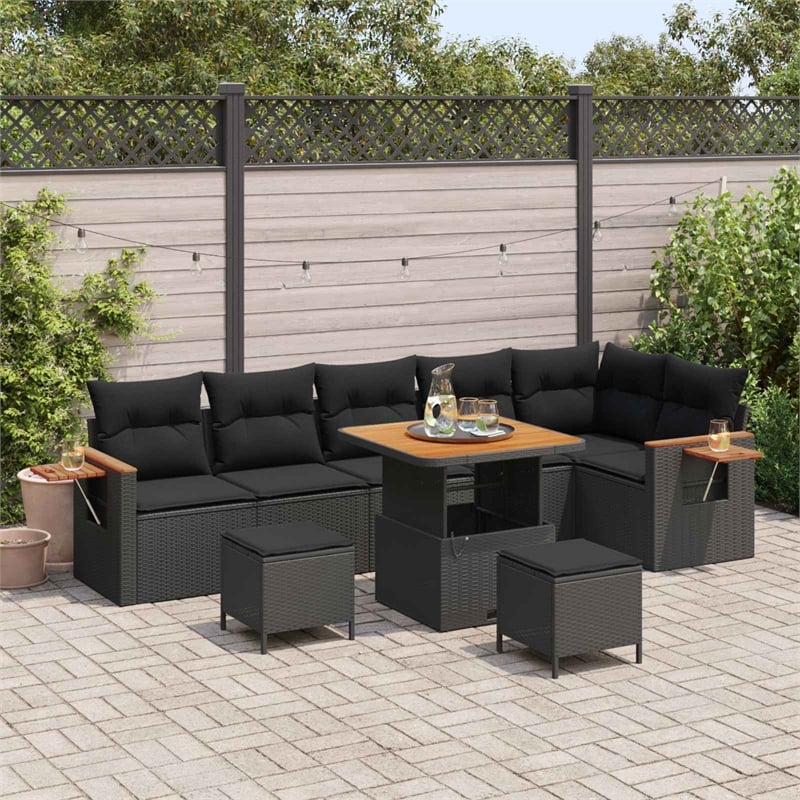Pemberly Row 11 Pcs Poly Rattan Garden Sofa Set With Cushions in Black