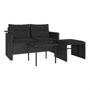 Pemberly Row Rattan Powder-Coated Steel & Tempered Glass Garden Sofa Set - Black