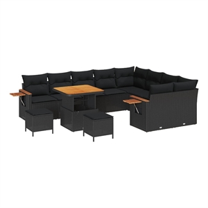 Pemberly Row 13 Pcs Poly Rattan Garden Sofa Set With Cushions in Black