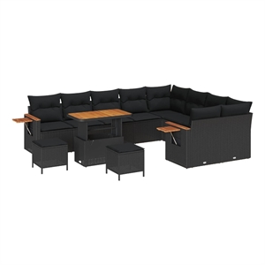 Pemberly Row 13 Pcs Poly Rattan Garden Sofa Set With Cushions in Black