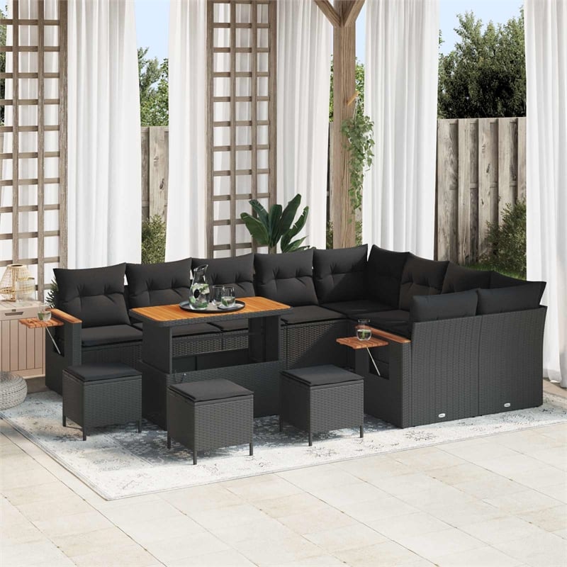 Pemberly Row 14 Pcs Poly Rattan Garden Sofa Set With Cushions in Black