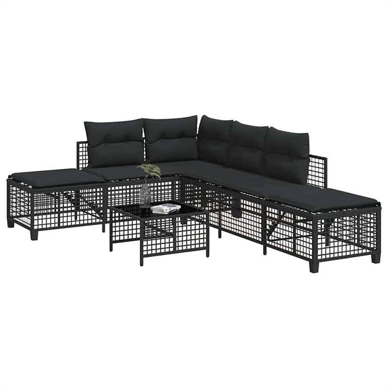 Pemberly Row Rattan Powder-Coated Steel & Tempered Glass Garden Sofa Set - Black