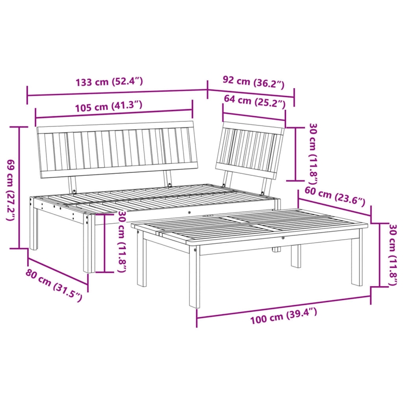 Pemberly Row Solid Acacia Wood Pallet Sofa Set in Natural Wood