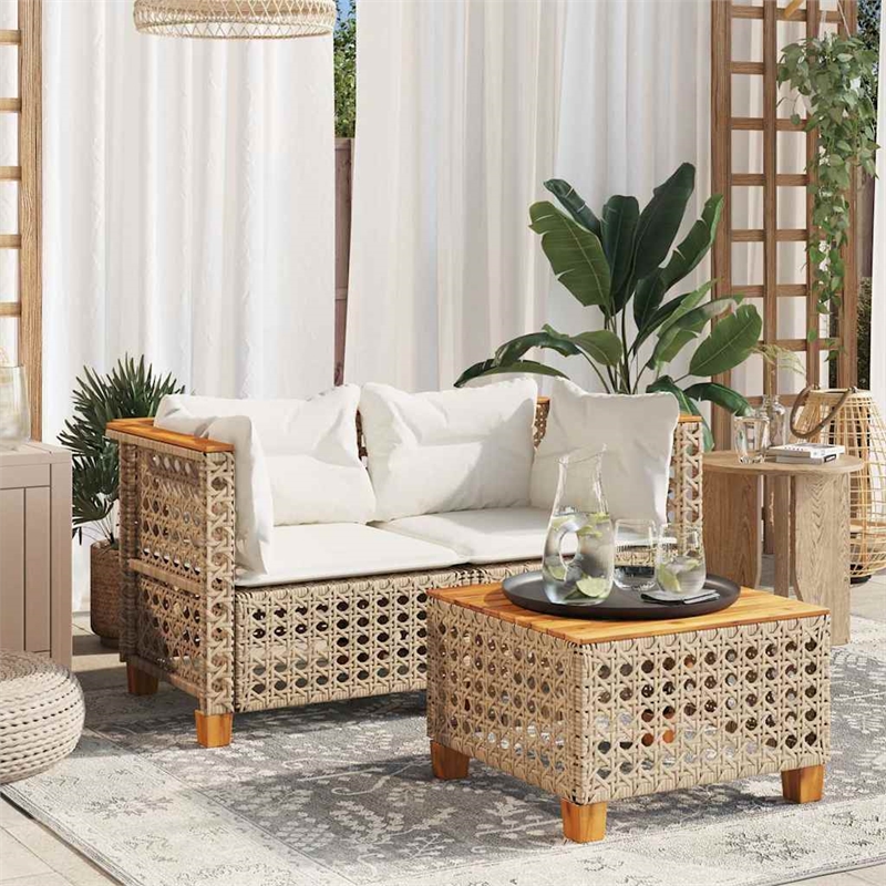 Pemberly Row Synthetic Poly Rattan 2 Pcs Garden Sofa Set in Beige