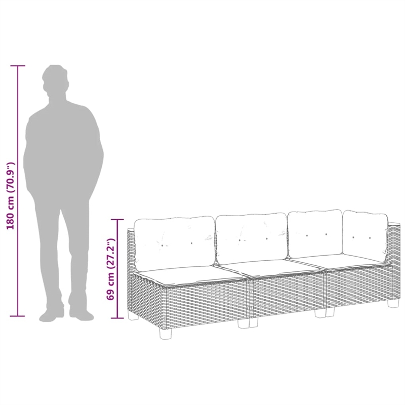 Pemberly Row 3-Piece Large Modular PE Rattan Garden Sofa Set in Black