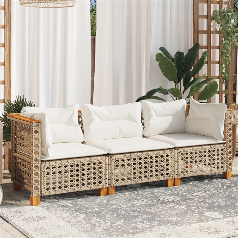 Pemberly Row Synthetic Poly Rattan 3 Pcs Garden Sofa Set in Beige