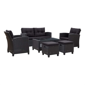 Pemberly Row Synthetic Poly Rattan 6 Pcs Garden Sofa Set in Black