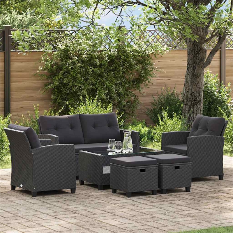 Pemberly Row Synthetic Poly Rattan 6 Pcs Garden Sofa Set in Black
