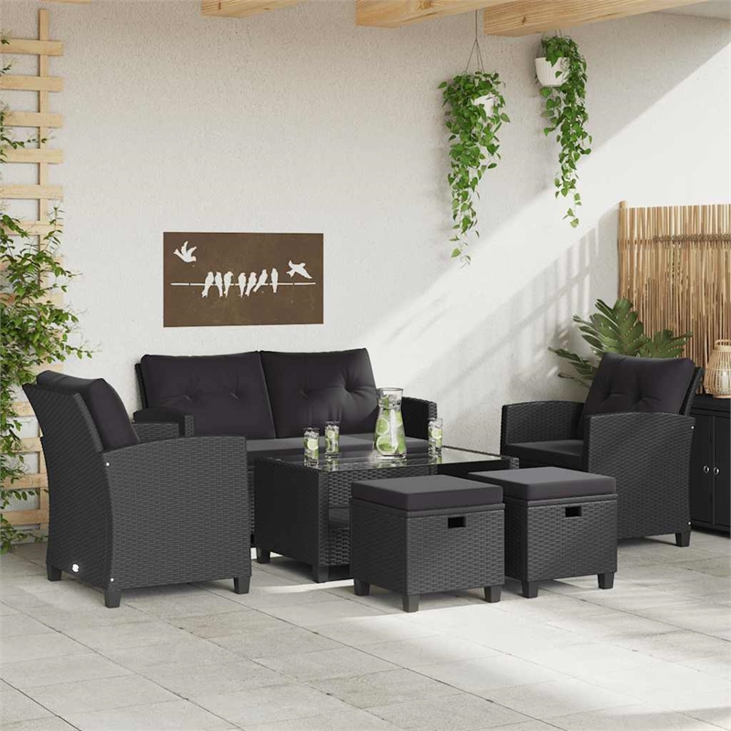 Pemberly Row Synthetic Poly Rattan 6 Pcs Garden Sofa Set in Black